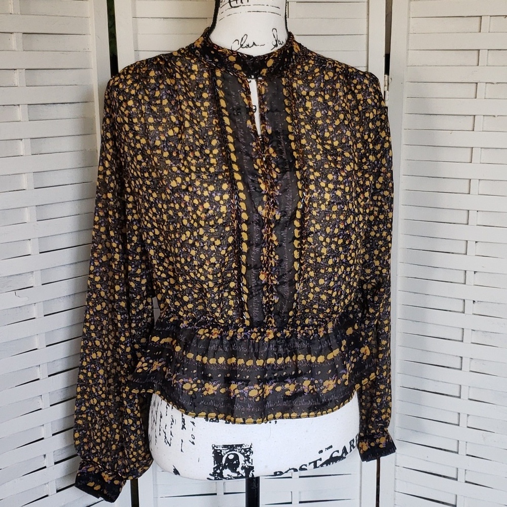Free People  1/2 button chest pepplum long sleeve semisheer beaded shirt size S